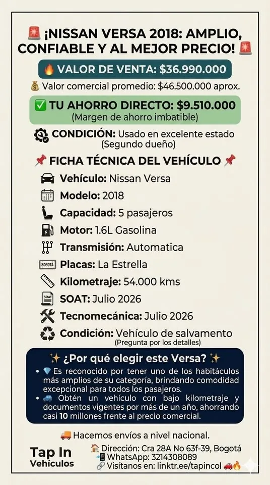 Sedã Nissan Versa 2018 en Bogotá — foto 7